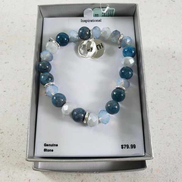 Genuine Stone BLUE STONE FAITH & CROSS HEART Charm Stretch Bracelet New in Box - Picture 3 of 9